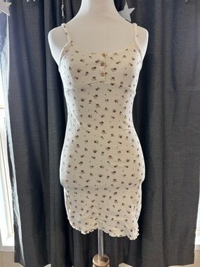 Cream Floral Ribbed Spaghetti-Strap Mini Dress